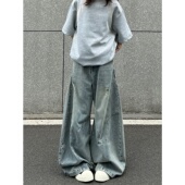 水洗宽松裤 妈个鸡妈MGJM慵懒风夏季 刮烂大阔腿弯刀牛仔裤 子男女潮