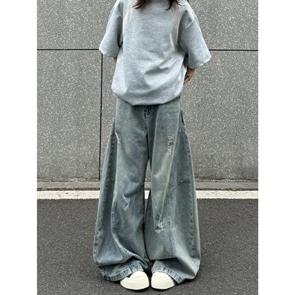 妈个鸡妈MGJM慵懒风夏季刮烂大阔腿弯刀牛仔裤水洗宽松裤子男女潮
