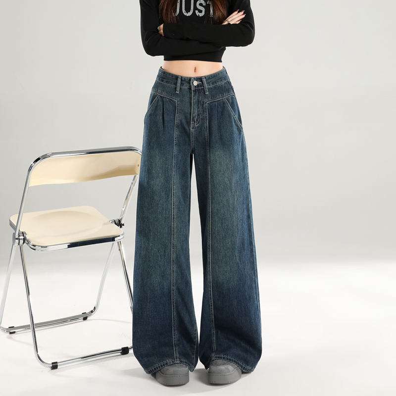 高腰宽松褶皱垂感阔腿牛仔裤直筒