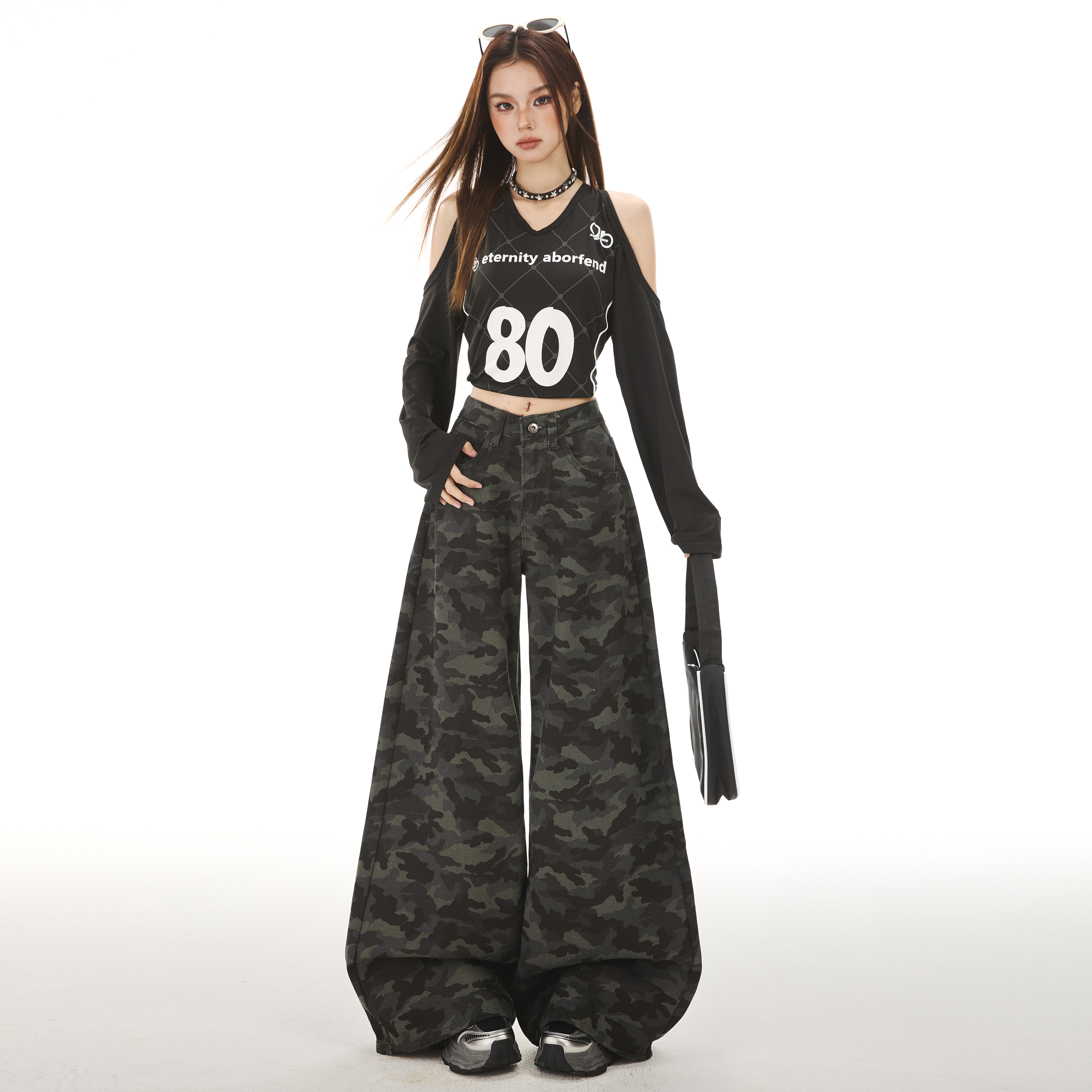 高街迷彩阔腿工装拖地牛仔裤长裤