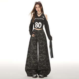 妈个鸡妈MGJM美式高街迷彩阔腿男女款宽松显瘦工装拖地牛仔裤长裤