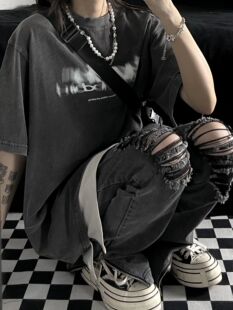 妈个鸡妈 ins美式复古水洗嘻哈短袖夏季模糊字母印花宽松T恤男女