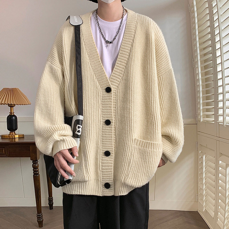 妈个鸡妈MGJM日系仿鹿绒粗针肌理设计开衫毛衣男宽松线衣外套情侣