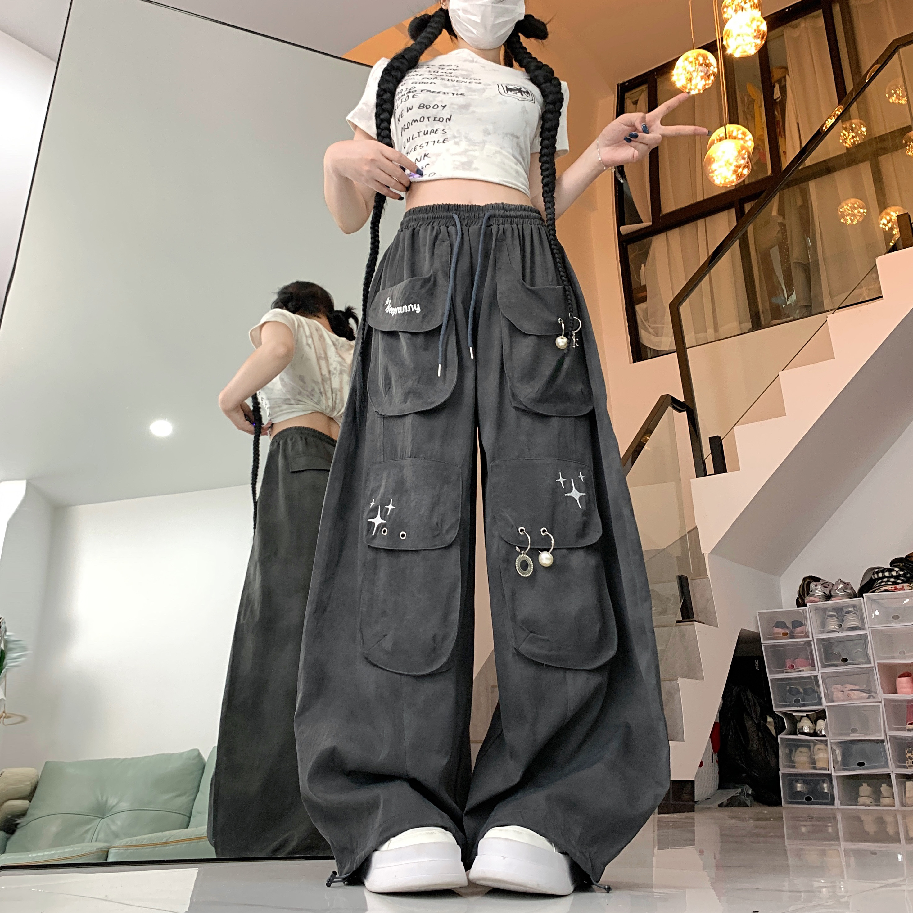 街舞金属挂饰大口袋工装休闲裤