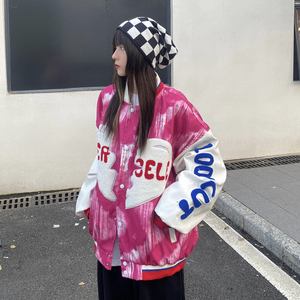 妈个鸡妈 ins嘻哈秋冬扎染休闲棒球服男女毛巾绣宽松夹克外套情侣
