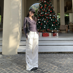 妈个鸡妈MGJM2026春款斜口袋侧褶设计款工装裤直筒白色休闲裤男女