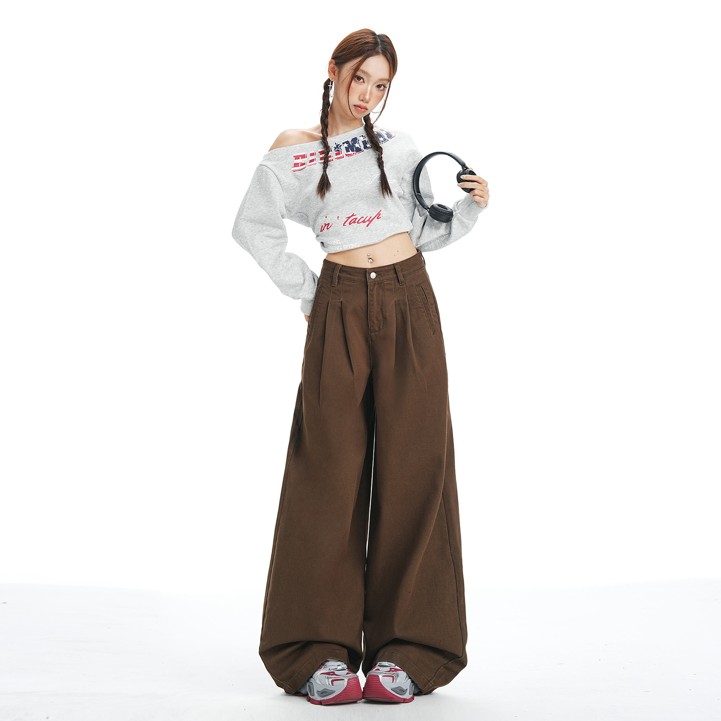 复古棕咖色阔腿牛仔裤显瘦褶皱