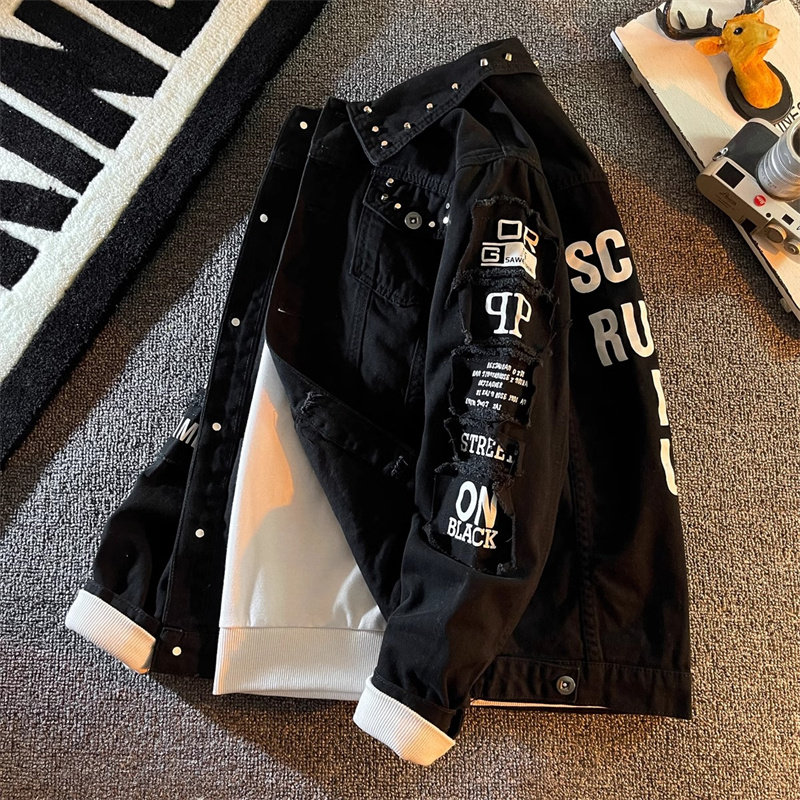潮牌黑色牛仔外套男士春秋冬季2025新款韩版潮流痞帅休闲夹克男款