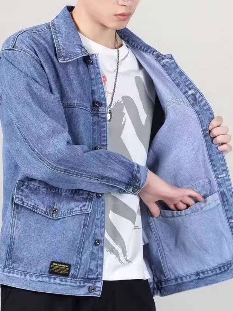 高端单排扣牛仔夹克外套男士春季2025新款多口袋宽松工装上衣男款