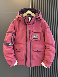 高端粉红色连帽羽绒服男士冬季2025新款多口袋加厚冲锋衣外套男款