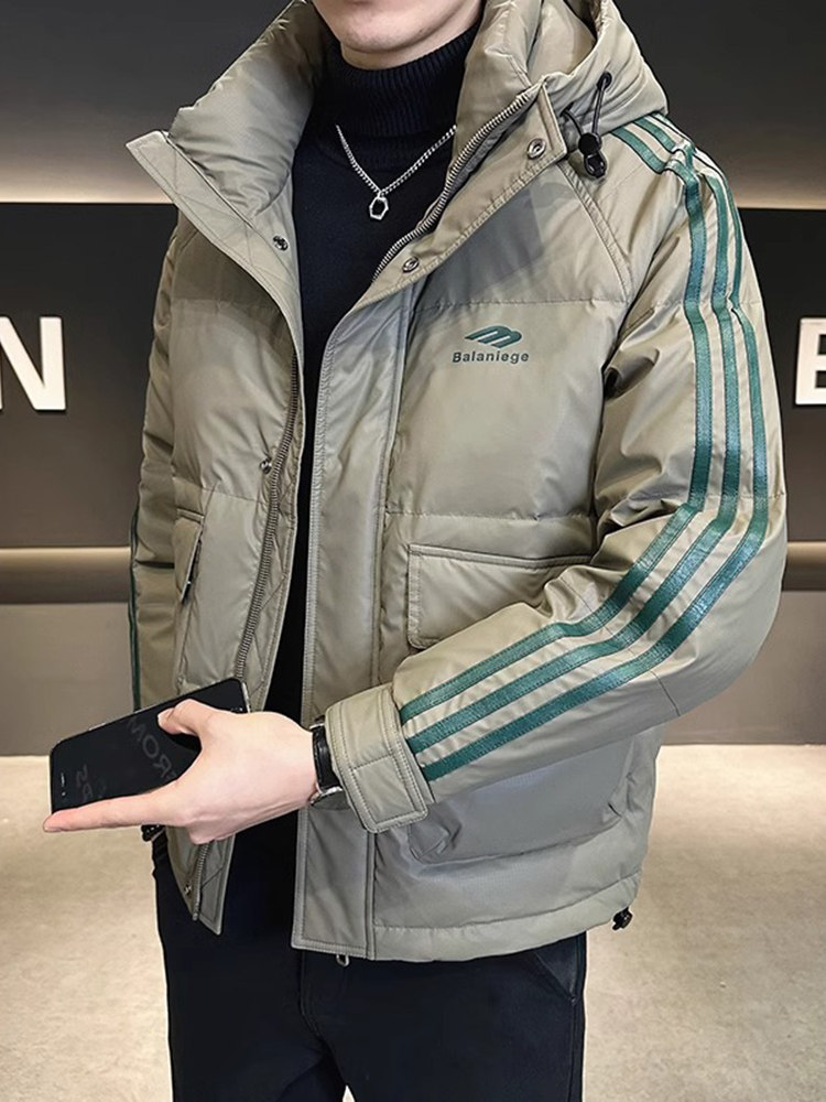 高端连帽轻薄羽绒服男士冬季2025新款条纹拼接加厚面包服外套男款