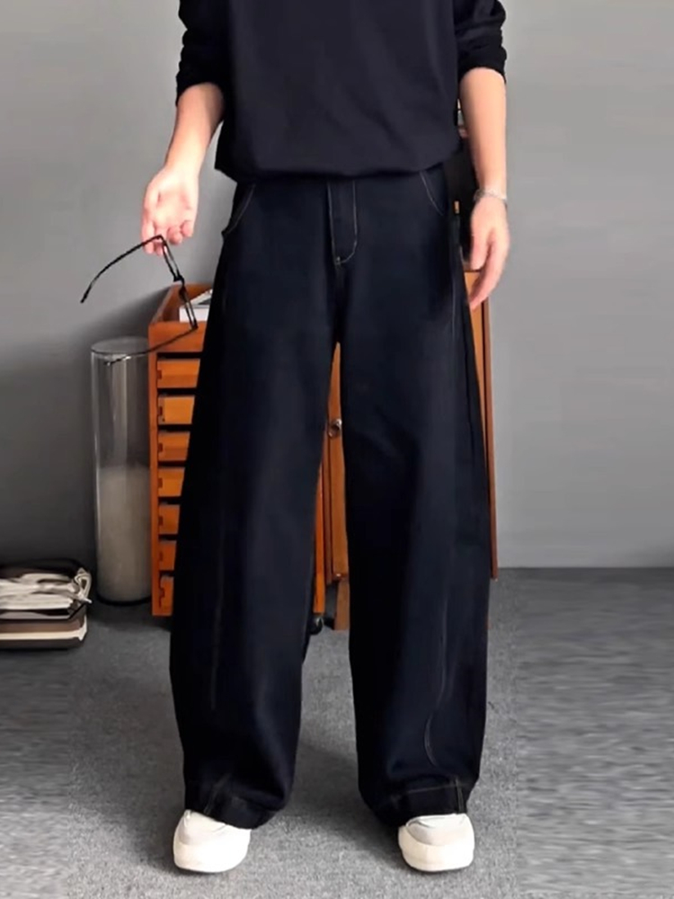 高端黑色宽松弯刀牛仔裤男士2025新款秋冬季阔腿男裤直筒裤子男款