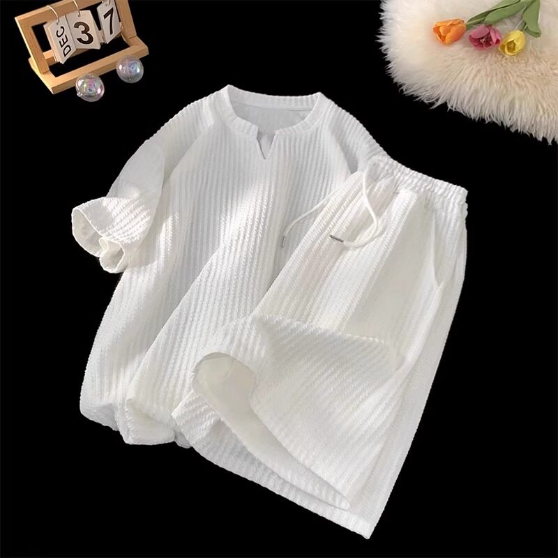 高端白色冰丝运动休闲套装男士2026新款夏季五分短裤短袖一套男装