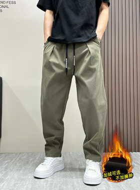 高端绿色工装裤男士秋冬季2025新款加绒男裤直筒阔腿休闲裤子男款