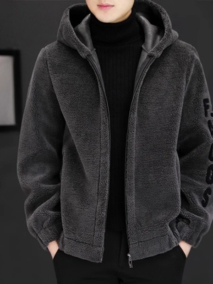 高端连帽羊羔绒外套男士冬季2025新款摇粒绒保暖加绒加厚卫衣男款