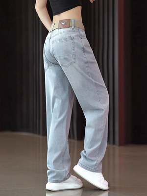 高端浅色牛仔裤男士2025新款春秋冬季加绒男裤宽松直筒长裤子男款