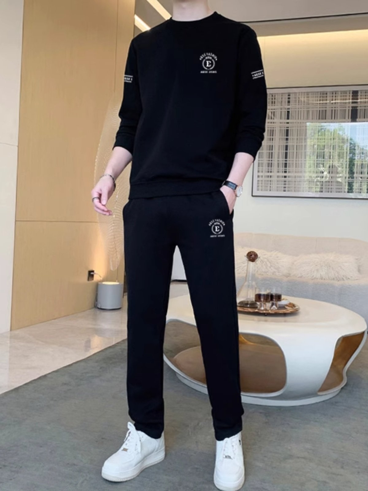 高端圆领运动休闲套装男士秋冬季2025新款加绒加厚卫衣卫裤男款潮,男装,休闲运动套装,淘宝优惠券,粉丝福利购,淘宝优惠卷