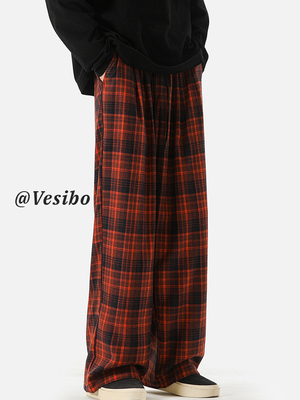 王嘉尔同款重磅卫裤男款夏季美式慵懒风格子长裤直筒阔腿休闲裤子