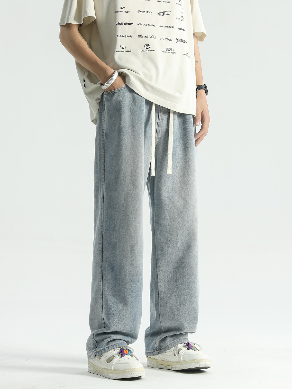 AMERICAN WASHED BLUE JEANS MENS WINTER HIGH STREET TRENDY BRAND CLEANFIT STRAIGHT PANTS VERSATILE LOOSE DRAWSTRING PANTS
