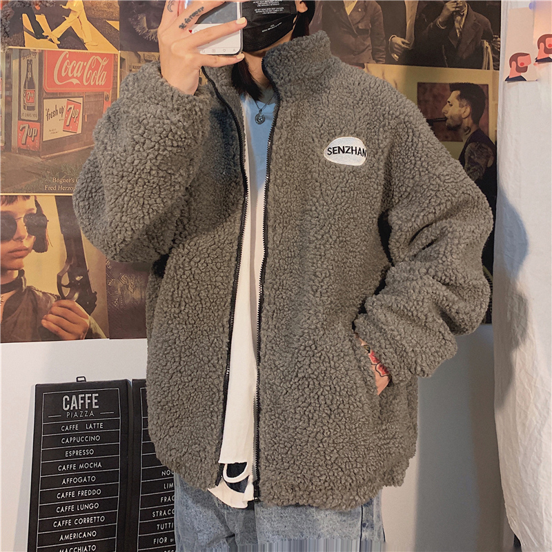秋冬羊羔绒棉衣男加肥大码宽松棉服绣花立领学生外套休闲加厚棉袄