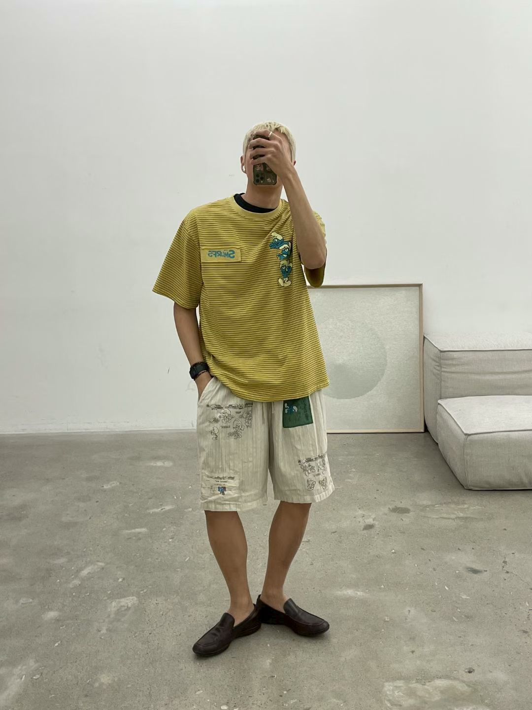 东大门男做旧蓝精灵宽松短裤
