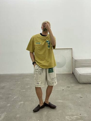东大门男做旧蓝精灵宽松短裤