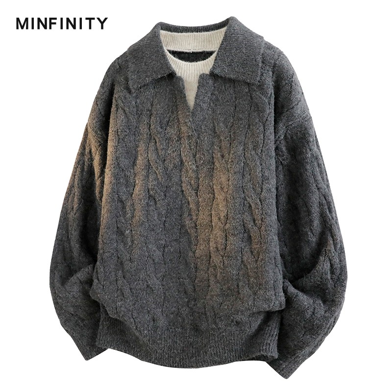 Minfinity假两件翻领男麻花毛衣