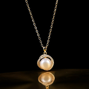 简约气质满钻山茶花淡水珍珠吊坠直播供货项链锁骨链7040J