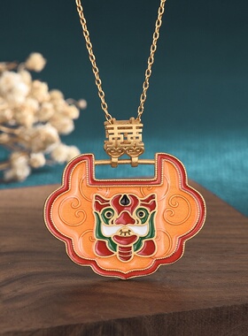 中国风宫廷配饰古法金工艺冷珐琅彩绘红色醒狮平安锁复古项链女