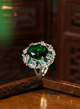 高定款仿哥伦比亚培育祖母绿戒指复古奢华满钻锆石蛋面开口指环女