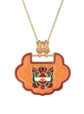 中国风宫廷配饰古法金工艺冷珐琅彩绘红色醒狮平安锁复古项链女