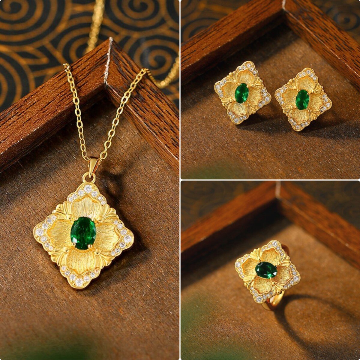 跨境意大利布拉提工艺戒指复古仿潘杰希尔祖母绿项链耳钉珠宝套装