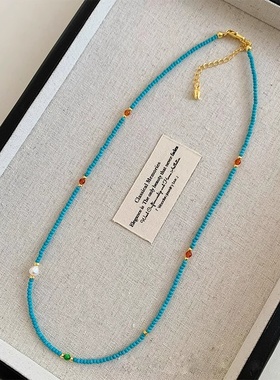 极细天然淡水小珍珠绿松石头串珠项链女轻奢感小众锁骨链配饰