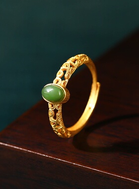 2023年国潮镂空祥云花纹镶嵌天然碧玉戒指女士复古宫廷风开口指环