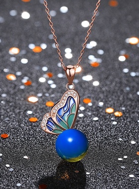 2021秋冬季国潮新品配饰镀18K玫瑰金珐琅彩镶嵌二代蓝珀琥珀项链