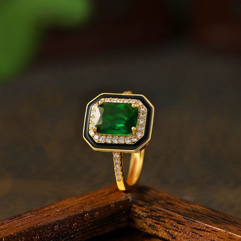 欧美跨境新款仿真帕拉伊巴套装简约公主方糖绿钻轻奢黑色珐琅戒指