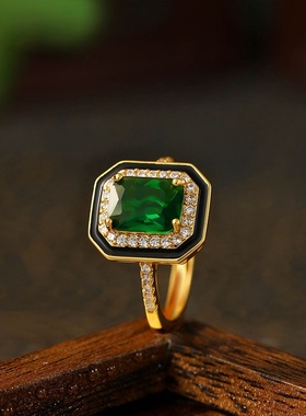 欧美跨境新款仿真帕拉伊巴套装简约公主方糖绿钻轻奢黑色珐琅戒指