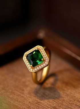 小红书热款镀真金精工祖母绿方指欧美轻奢风气质满钻开口指环