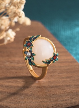 国潮冷珐琅工艺古法金仿和田玉戒指女中国古风宫廷汉服旗袍配饰