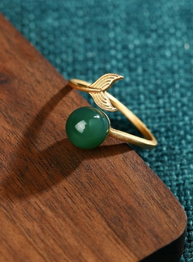 直播间福利款人鱼泡沫鱼尾宫廷风镶嵌天然玉髓复古开口戒指女