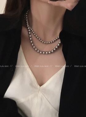 倪妮同款珍珠项链女银灰色感复古轻奢小众串珠颈链锁骨链配饰