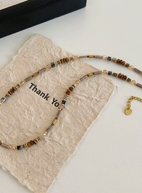 美拉德风复古小众天然石虎眼石串珠项链女轻奢小众气质锁骨链配饰