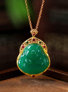 中式国潮风大肚弥勒佛项链仿祖母绿色玉髓莲花如来轻奢女款锁骨链