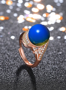 网红直播供货中国风古典旗袍汉服配饰合成蓝珀琥珀蝴蝶结戒指女