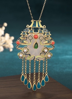 中国风高保色镀金仿和田玉景泰蓝国潮南天门水滴流苏吊坠古风项链