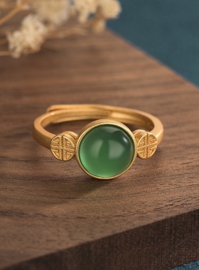 宫廷风设计仿和田碧玉镶嵌古法金戒指开口可调节指环镀金女戒子