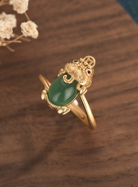 网红直播货源民族风设计黄铜镀金首饰创意设计貔貅镶嵌玉髓戒指
