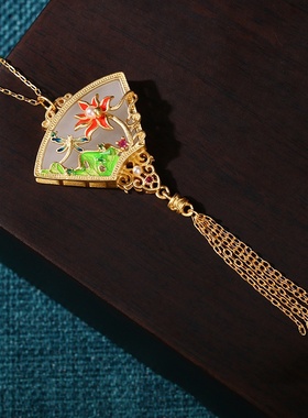 直播热卖国潮风冷珐琅工艺镶嵌仿白玉宫廷团扇流苏项链女