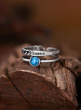 Temu热销镀银潮流朋克戒指泰银复古人造蓝松石戒指男女指环手饰