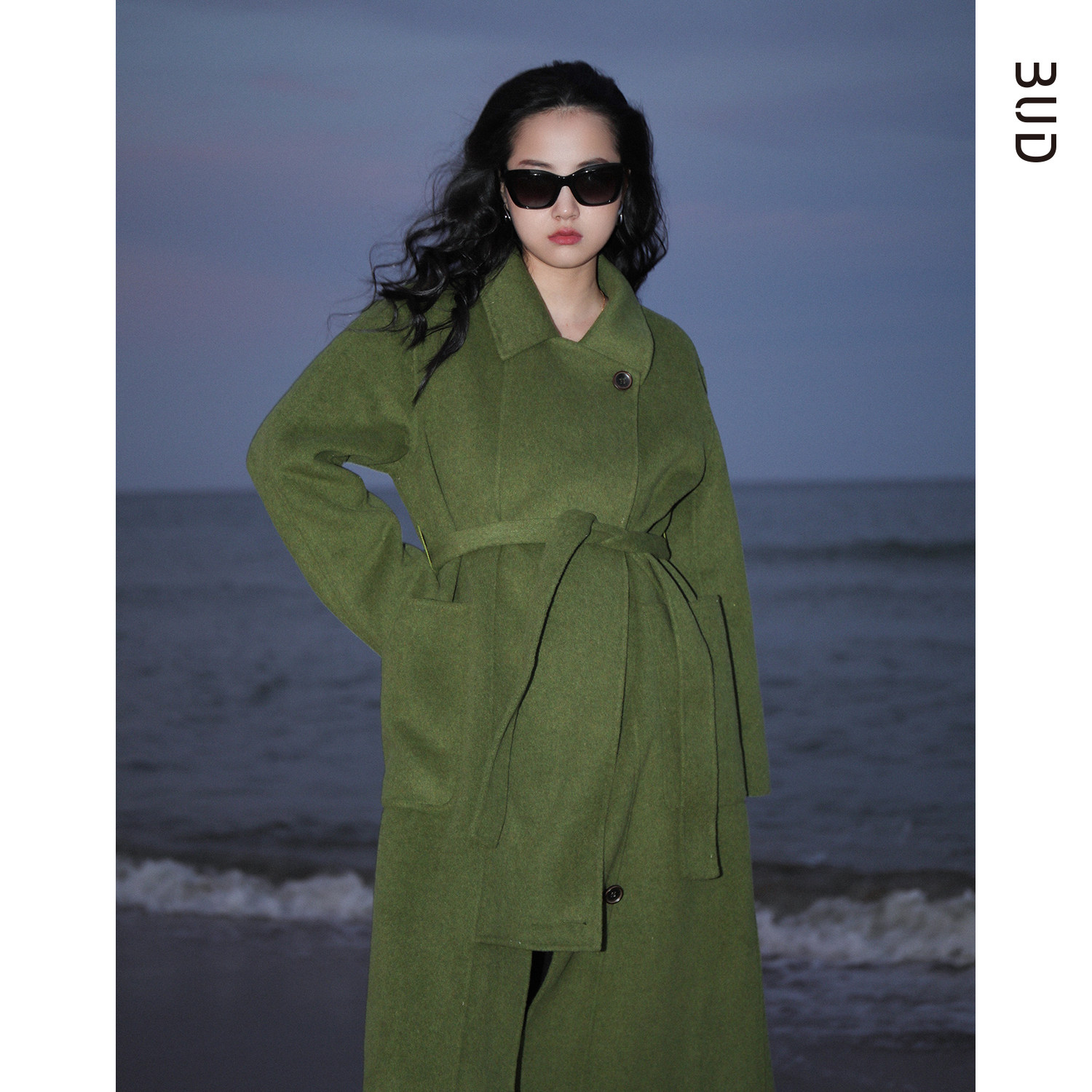 bud八得 高级感复古绿色羊毛双面呢大衣女秋冬中长款收腰毛呢外套